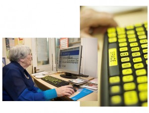 Two images: first image of a senior citizen reading a magnified computer screen. The second image is of a keyboard with larger charters and yellow keys..